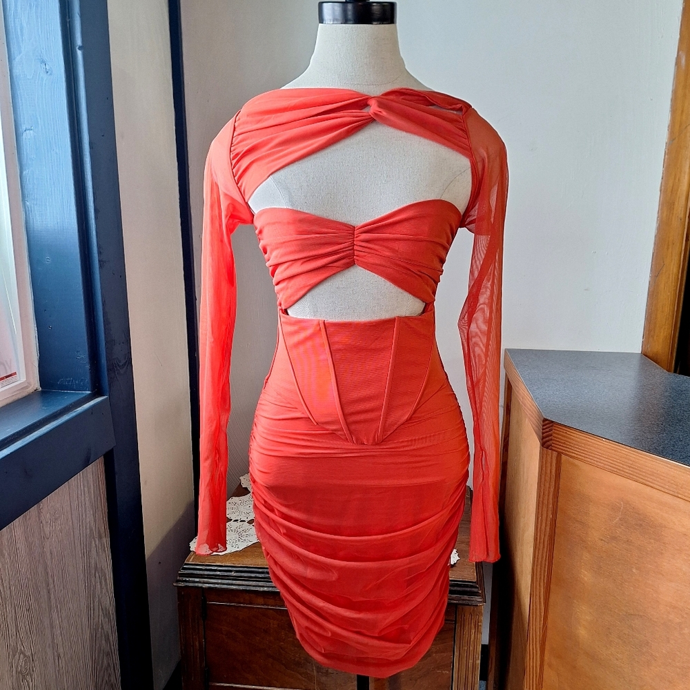 Oh Polly Nirvana  Red Cut-Out Ruched Corset Mini Dress, Size 4 - Picture 4 of 16